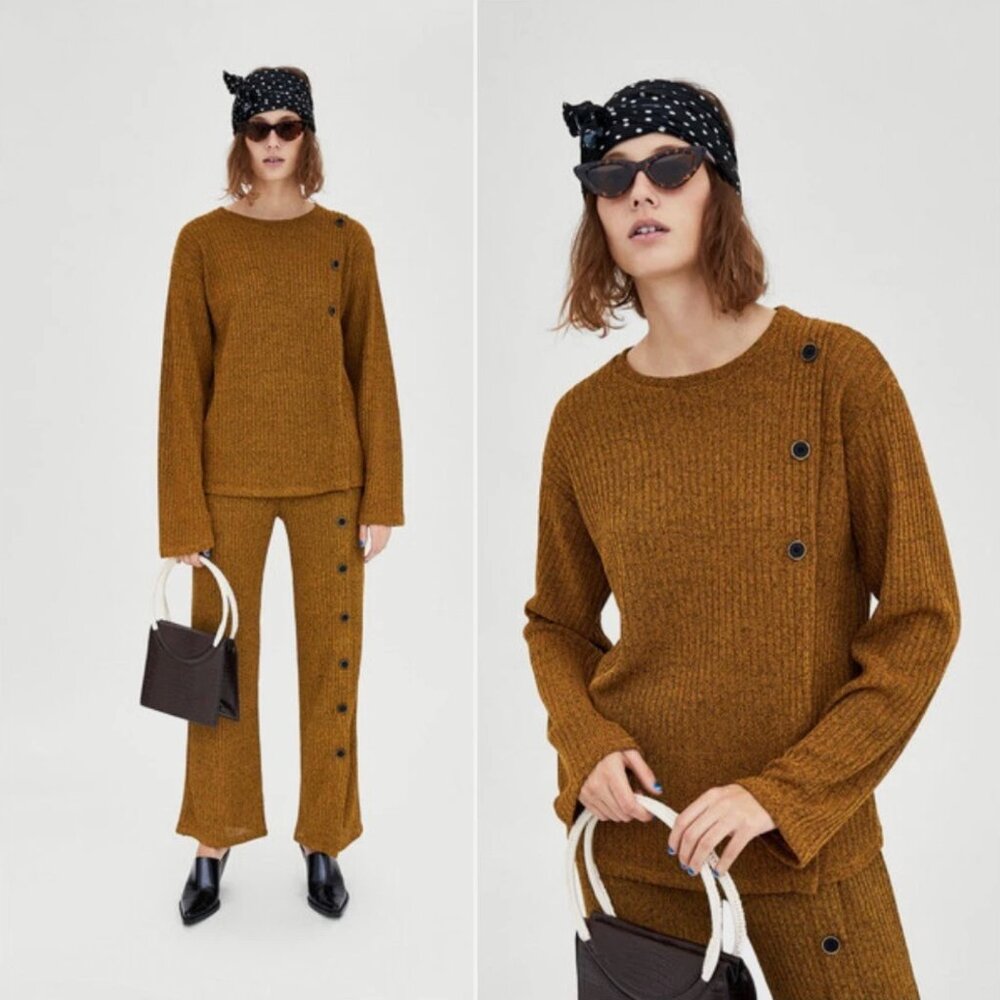 Zara Flare Ribbed Knit Pants with Decorative Buttons S